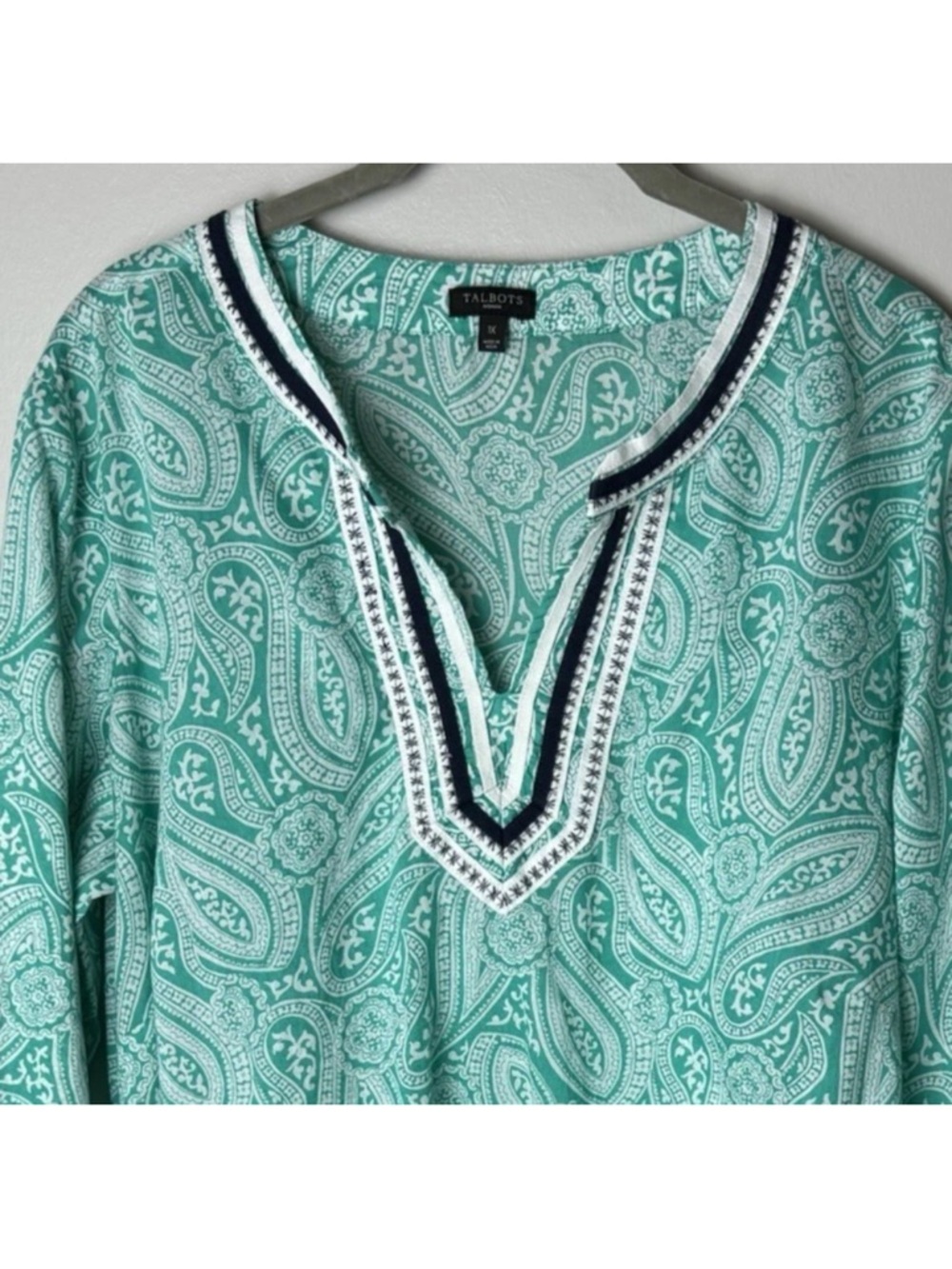 Talbots Tunic Top Plus Size 1X 3/4 Sleeves Cotton Paisley Green White Navy Blue - Picture 3 of 7
